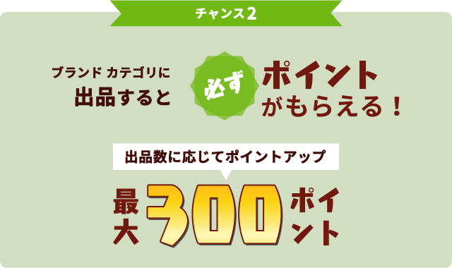チャンス2 ブランドカテゴリに出品すると必ずポイントがもらえる!出品数に応じてポイントアップ 最大300ポイント