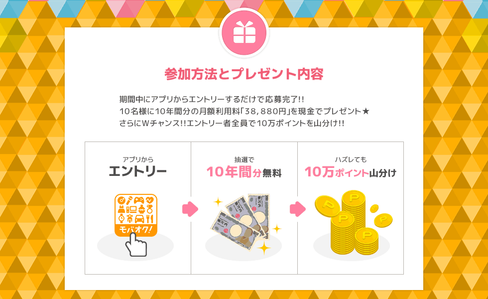 アプリからエントリーで10年間分無料 10万ポイント山分けキャンペーン 新品 中古のオークション モバオク